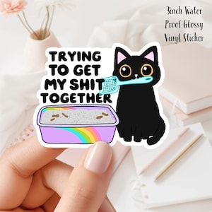 May include: A 3 inch waterproof glossy vinyl sticker featuring a black cat holding a blue litter scoop in front of a pink litter box with a rainbow design. The text on the sticker reads "Trying to get my shit together."