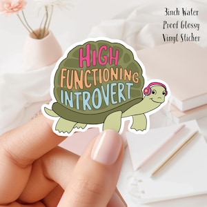 Può includere: Un adesivo in vinile lucido impermeabile da 7,6 cm con una tartaruga dei cartoni animati che indossa le cuffie con il testo "HIGH FUNCTIONING INTROVERT" in lettere colorate.