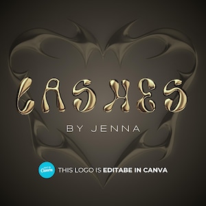 May include: Gold text logo with the word "lashes" in a stylized font. The text is set against a dark gray background with a stylized heart shape behind it. The text "by Jenna" appears below the word "lashes". The text "This logo is editable in Canva" appears below the text "by Jenna".