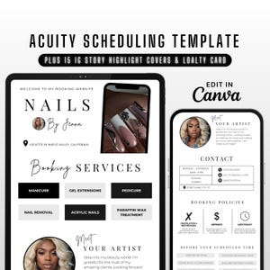 Może przedstawiać: Cyfrowy szablon do planowania wizyt na usługi manicure. Szablon został zaprojektowany do edycji w Canva i zawiera wiadomość powitalną, listę usług, dane kontaktowe, zasady rezerwacji oraz sekcję do poznania stylisty. Szablon charakteryzuje się czarno-białą kolorystyką i nowoczesnym designem.
