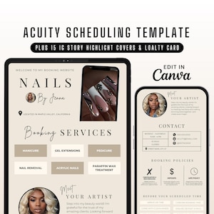 May include: A digital template for scheduling appointments for nail services. The template features a light brown background with black text and a photo of a woman's hand with manicured nails. The template includes a section for booking services, contact information, and booking policies. The text "Edit in Canva" is displayed in the upper right corner.