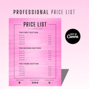 Editable Price List Flyer, Pink Pricing Template for Hair Stylist, Nail and Lash Techs, Makeup Price List, DIY Printable Price List Beauty