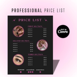 DIY Price List Template, Printable Price List Pink, Beauty Salon Pricing menu, Hair Price List, Nail And Lash Tech Price List Flyer, Canva