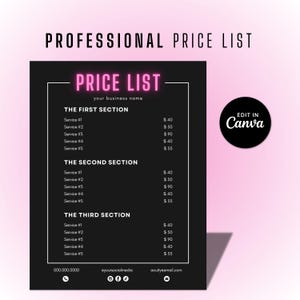 Editable Price List Template Pink, Pricing Guide for Hair Stylist, Nail and Lash Techs, Makeup Price List, DIY Printable Price List Flyer