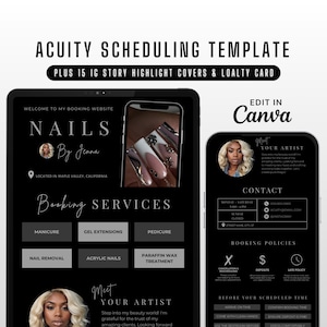 Może przedstawiać: Czarno-biały szablon strony internetowej do rezerwacji wizyt w salonie manicure. Szablon zawiera wiadomość powitalną, listę usług, dane kontaktowe i zasady rezerwacji. Szablon został zaprojektowany do edycji w Canva.