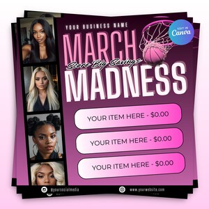 Può includere: Un volantino rosa e viola con un canestro da basket e una palla da basket. Il testo recita "March Madness Score Big Savings" con tre pulsanti che dicono "Il tuo articolo qui - € 0,00".