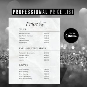 Può includere: Un listino prezzi bianco con uno sfondo testurizzato in bianco e nero. L'elenco include i prezzi per vari servizi di unghie, ciglia e sopracciglia. Il testo "EDIT IN Canva" è in un cerchio nero sul lato destro dell'immagine.