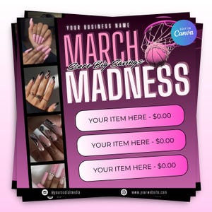May include: A pink and white flyer with a basketball hoop and a basketball. The text reads "March Madness Score Big Savings". There are three buttons that say "Your Item Here - £0.00".