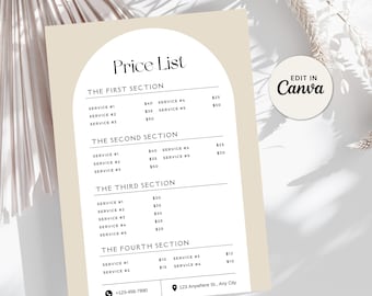 Modello di listino prezzi beige, listino prezzi salone di bellezza stampabile, listino prezzi personalizzato parrucchiere, guida ai prezzi nail lash tech, prezzo modificabile