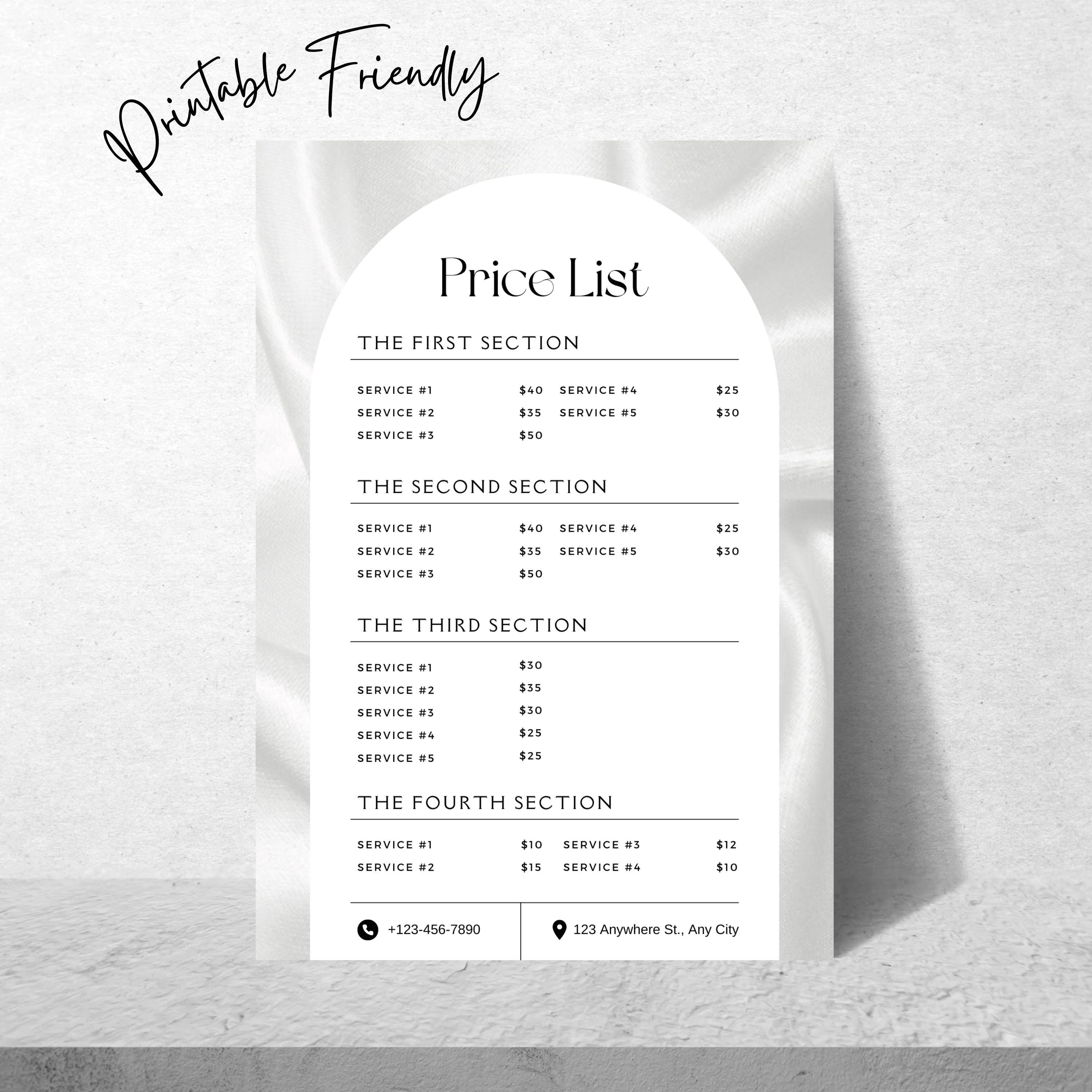 Price List Template Silver, Printable Beauty Salon Price List, Custom