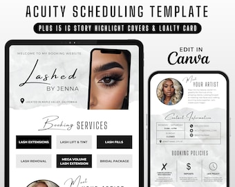 Puede incluir: Una plantilla digital para programar citas con una artista de pestañas. La plantilla presenta un diseño en blanco y negro con una foto de una mujer con pestañas largas. El texto "Lashed by Jenna" se encuentra en la parte superior de la plantilla. La plantilla incluye una lista de los servicios ofrecidos, información de contacto, políticas de reserva y una sección para conocer a la artista.