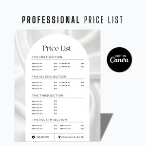 May include: A professional price list template with a minimalist design. The document features a white background with a soft, textured pattern. The text "PROFESSIONAL PRICE LIST" is at the top, with a "Price List" title and service sections.