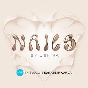 May include: A logo for a nail salon called "Nails by Jenna". The logo features the word "Nails" in a 3D, gold-coloured font with a liquid-like texture. The text is set against a white background with a heart-shaped design.