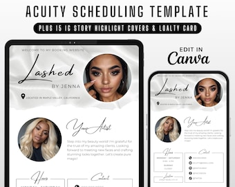 May include: Acuity scheduling template with 15 IG story highlight covers and a loyalty card. The design features a digital display with the text "Lashed by Jenna" and a photo of a woman. The design is editable in Canva.