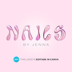 Peut inclure: Un logo rose et violet avec le mot "NAILS" dans une police de caractères bouillonnante, semblable à un liquide. Le texte "BY JENNA" apparaît sous le mot "NAILS". Le texte "THIS LOGO IS EDITABE IN CANVA" apparaît sous le texte "BY JENNA".