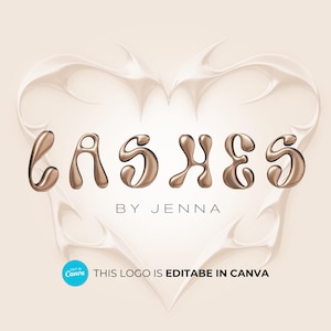 Könnte beinhalten: Ein Logo für ein Unternehmen namens "Lashes by Jenna". Das Logo zeigt das Wort "Lashes" in einer stilisierten, 3D-Schriftart in Gold auf weißem Hintergrund.