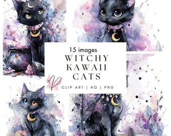 Witchy Kawaii Cat Clip Art Set | High Quality Watercolor Halloween Cat Clipart | Spooky Cute Halloween Aesthetic | Instant Download