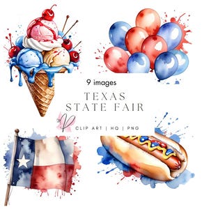 May include: A set of 9 watercolor illustrations featuring Texas State Fair themed items. The set includes a hot dog, a flag of Texas, a cone of ice cream with cherries and blue and red sprinkles, and a cluster of red and blue balloons.