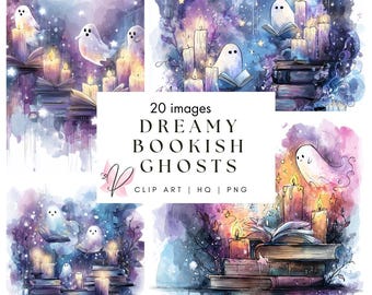 Dreamy Bookish Ghosts Clip Art Set | High Quality Watercolor Pastel Ghost Clipart | Spooky Cute Halloween Aesthetic | Instant Download