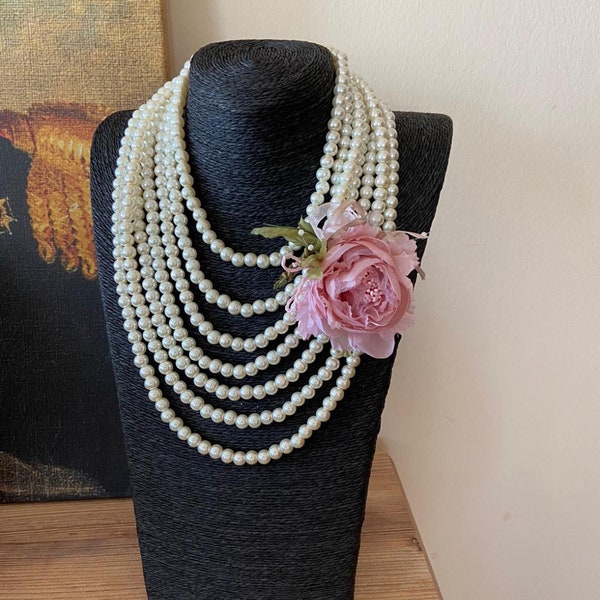 Flower Detailed Pearl Necklace, Bridal Jewelry, Wedding Pearl Necklace, Hanmade Jewelry , Costume Jewelry & Luxury Jewelry