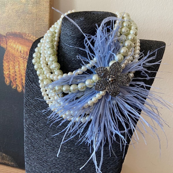 Blue Ostrich Feather Detailed Pearl Necklace, Boho Necklace, Costume Jewelry, Handmade Jewelry & Luxury Jewelry