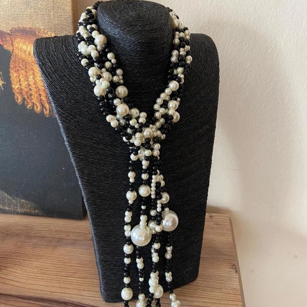 Pearl Black & White Long Statement Necklace, Glass Pearl Multi Strand Big Bold Jewelry for woman. Dress Necklace and Handmade Necklace.