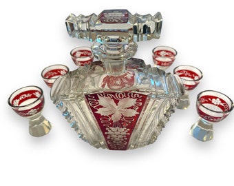 Karl Palda Art Deco Bohemian Crystal Glass Whiskey Liqueur Set - Ruby Red - 1930