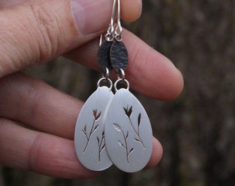 Bloom, Silver and Copper silhouette earrings, dangle, drop