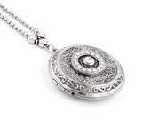 Small Crystal Locket, Heirloom Photo Jewelry, Silver Crystal Pendant, Personalized Engraved Names and Quote