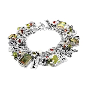 Op de afbeelding: Een zilverkleurige bedelarmband met diverse hangertjes gerelateerd aan Ierland, waaronder rechthoekige plaatjes met de teksten Dublin, Blarney Stone, Ring of Kerry, Ireland, Cliffs of Moher en Galway, geaccentueerd met groene en rode facetkralen.