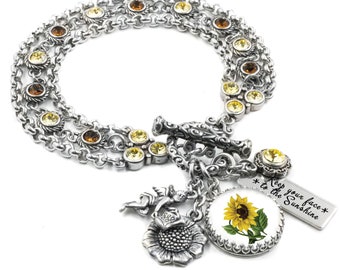 Sunflower Bracelet with Yellow and Chocolate Crystals for Fall or Autumn