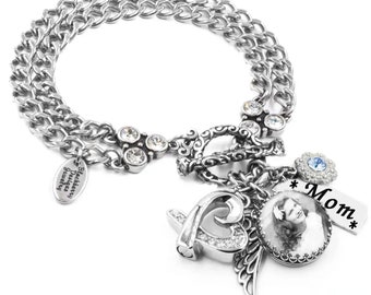 Memorial Bracelet for Cremation Ashes with Picture Photo, Heart Urn, Birthstone and Angel Wing