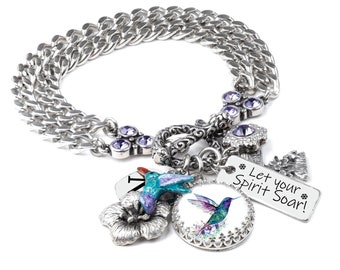 Silver Hummingbird Charm Bracelet, Bird Lover Gift, Personalized Monogram Jewelry, Colorful Statement, Maximalist Style