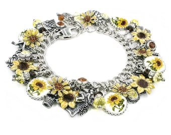 Sunflower Charm Bracelet, Sunflower Gift, Gardening Jewelry, Enameled Sunflowers