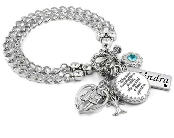 Personalized Sister Charm Bracelet, Custom Engraved Name Jewelry with Birthstone in Stainless Steel