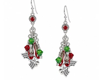 Dorothy's Ruby Slippers Earrings from the Wizard of Oz with Colorful Red Green Crystals and Rainbows