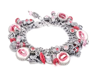 Pulsera de besos de colores, dijes de labios para San Valentín, joyas de amor para el romance en rosa.