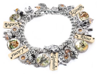 African Safari Bracelet with Lion, Elephant, Tiger, Giraffe and Zebras Travel Jewelry in Never Tarnish Silver