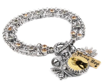 Queen Bee Charm Bracelet, Non Tarnish Stainless Steel  Bumble Bee Jewelry, "The Queen Bee"