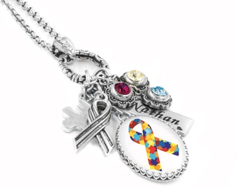 Personalized Autism Necklace, Engraved Name, Colorful Awareness Pendant, Puzzle Charm, Non Tarnish Stainless