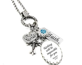 Custom Bible Verse Necklace, Faith and Cross Charm, Christian Gift in Non Tarnish Stainless Steel