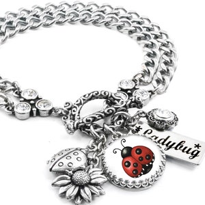 Lucky Ladybug Charm Bracelet, Silver Ladybug Jewelry, with Sunflower image 6