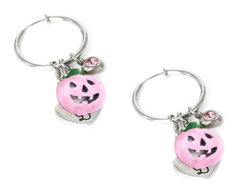 Engraved Pink Pumpkin Hoop Earrings with Personalized Initial and Crystals