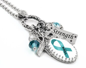 Personalized Cancer Awareness Necklace, Choice of Ribbon Color, Engraved Name