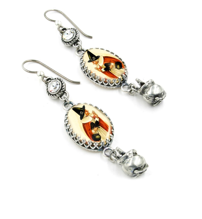 Wiccan Witch Earrings with Crystals, Halloween Cauldron, for Pierced and Non Pierced Ears image 1