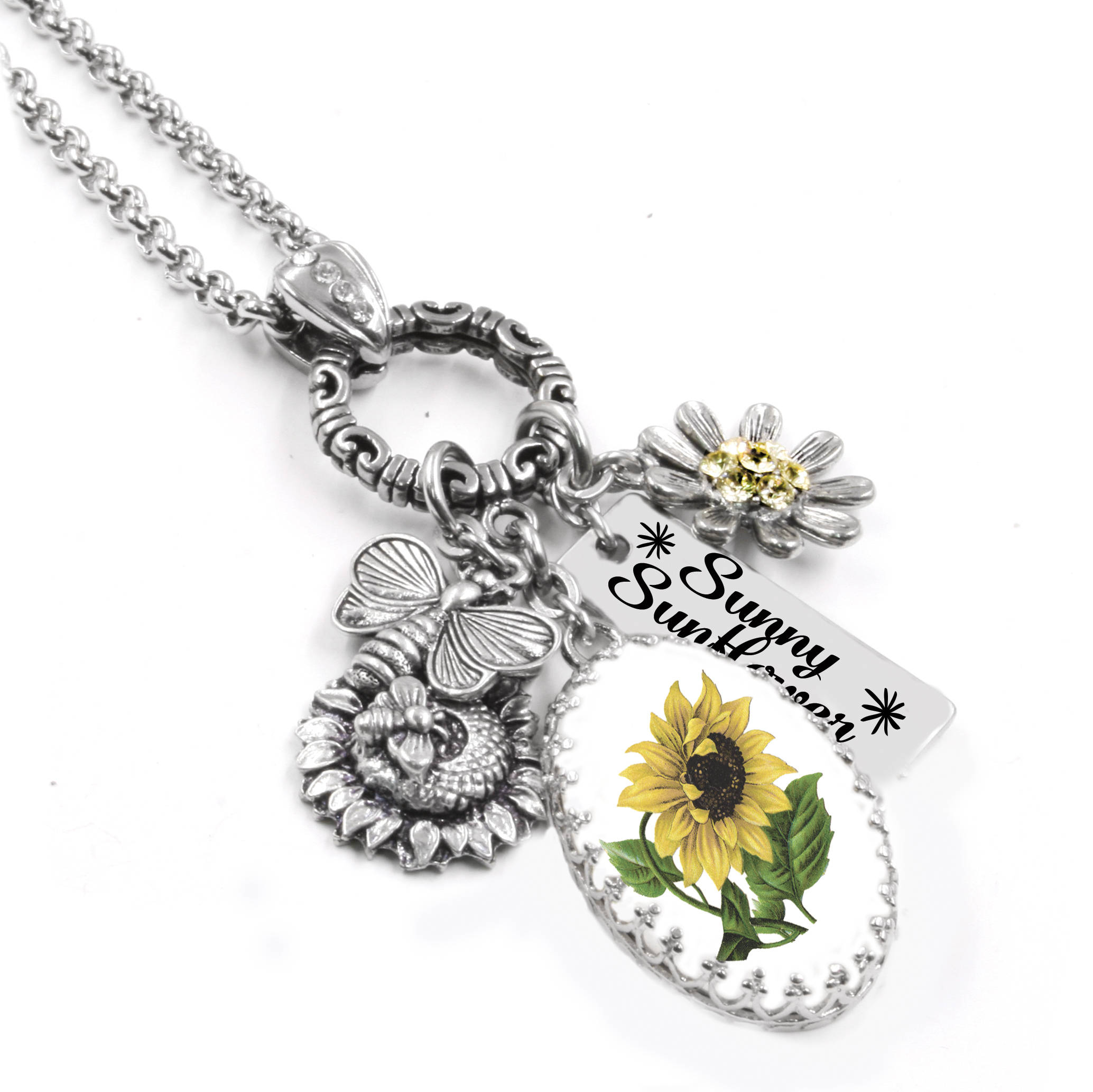 Sunflower Necklace with Bee charm and crystals handcrafted in Etsy