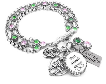 Best Friends Birthstone Bracelet, Engraved Name Gift, Infinity Symbol, All Stainless Steel