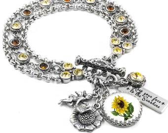 Silver Sunflower Jewelry, Flower Bracelet, Yellow and Chocolate Gift