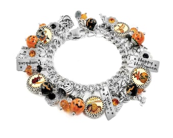 Vintage Halloween Charm Bracelet, Pumpkin, Witch & Trick or Treat