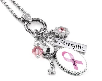 Personalized Breast Cancer Necklace, Pink Awareness Ribbon, Custom Name Jewelry, Non Tarnish Stainless